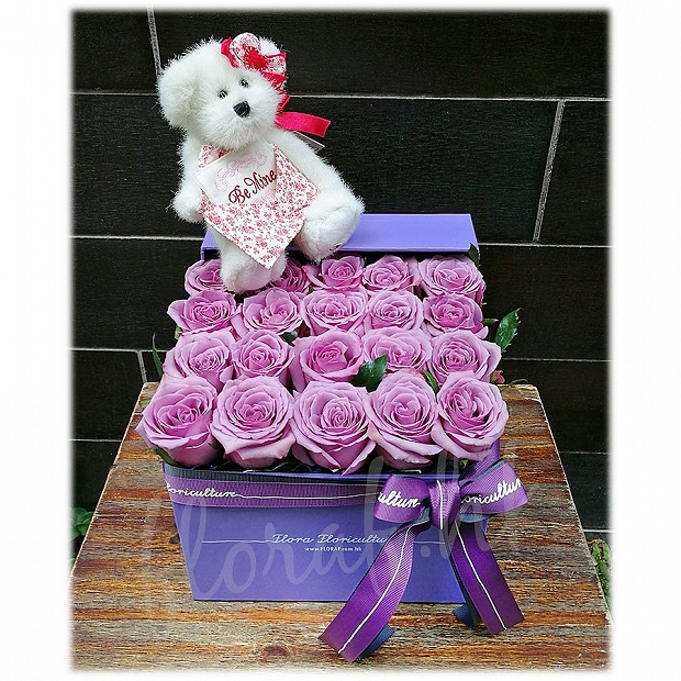 BE MINE 泰迪熊熊仔 浪漫紫色玫瑰花盒花 香港鮮花盒花店
